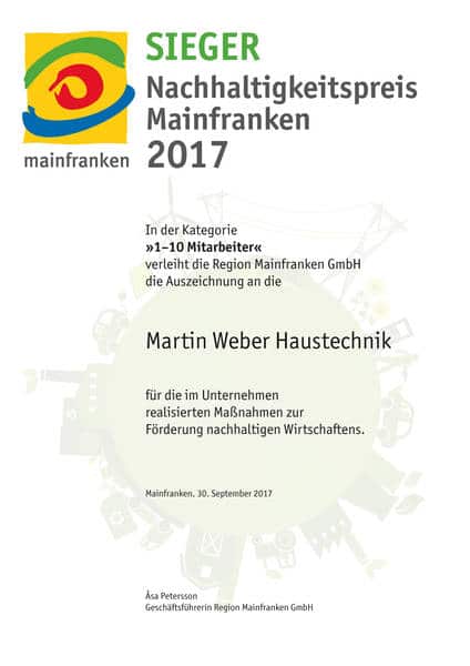 Auszeichnung Urkunde Nachhaltigkeitspreis  2017